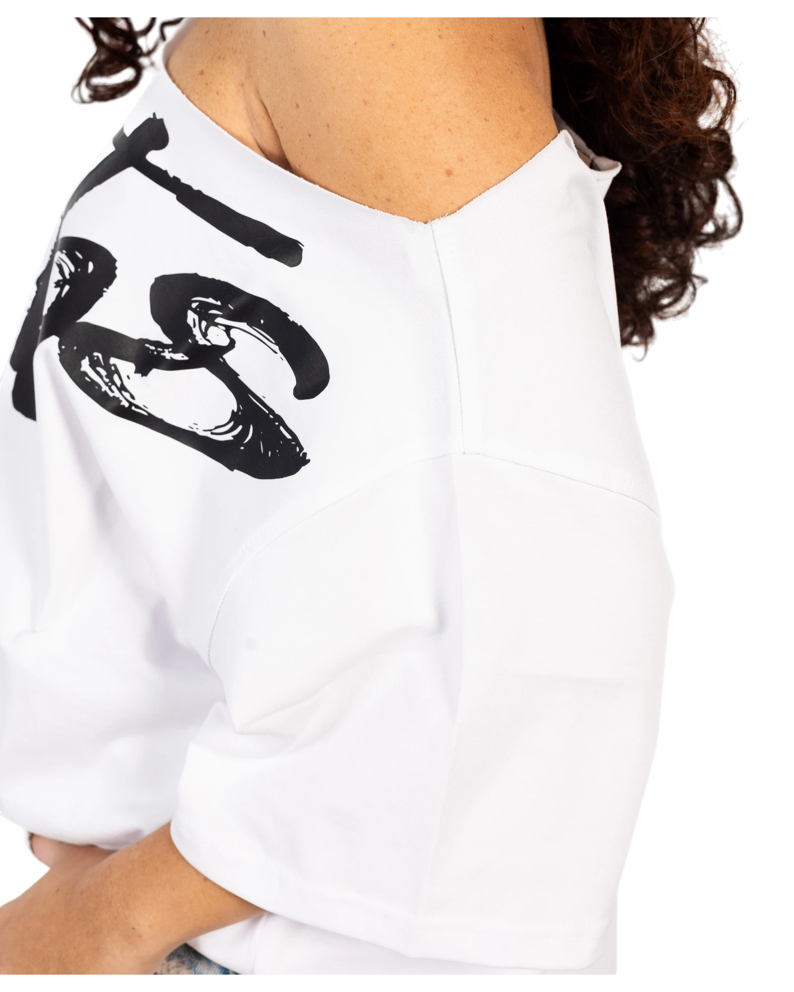 Anetos white 100% Egyptian cotton off-shoulder dress with oversized fit and black graphic print.