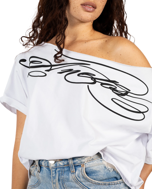 Anetos white off-shoulder t-shirt with black abstract graphic print. Cotton blend, casual style.