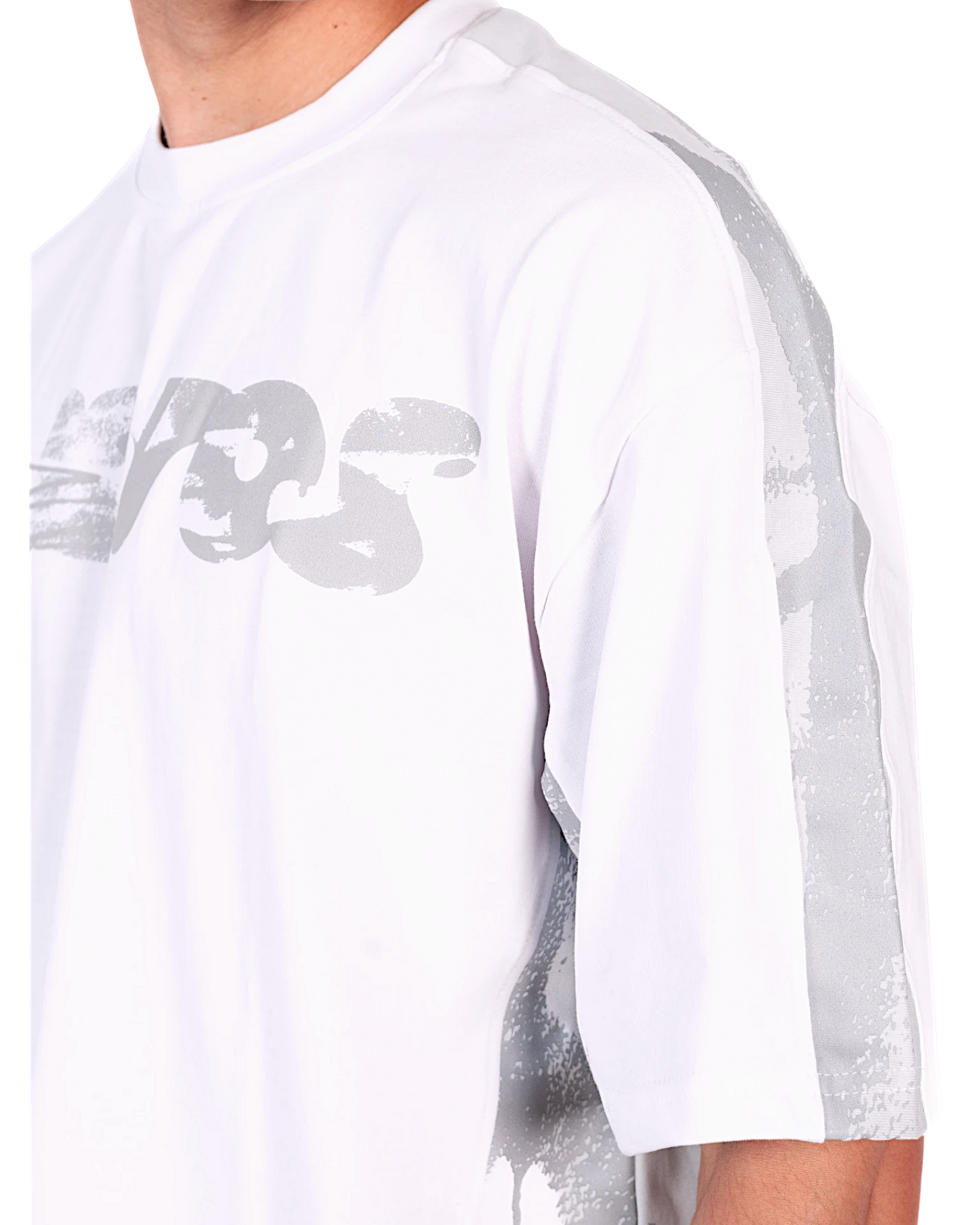 Anetos white split panel tee with grey graphic print on sleeve and chest.