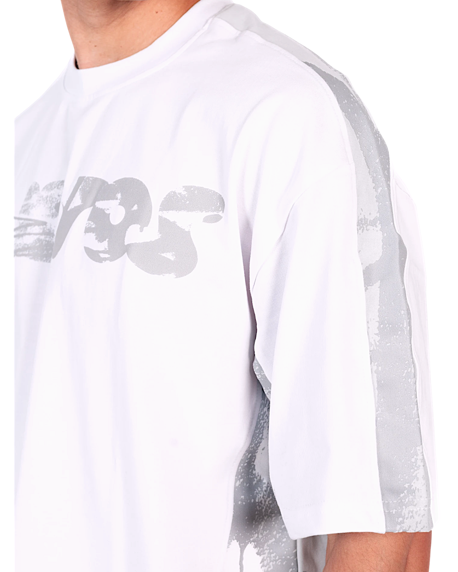 Anetos white split panel tee with grey graphic print on sleeve and chest.