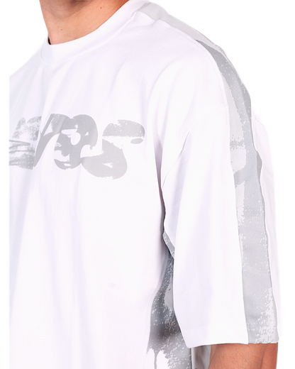 Anetos white split panel tee with grey graphic print on sleeve and chest.