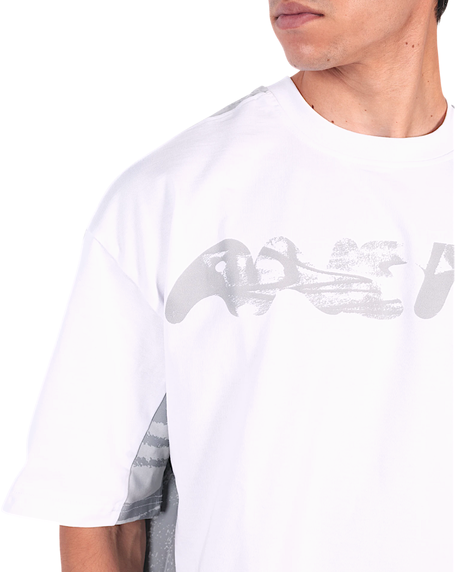 Anetos white split panel tee with grey graphic print and contrasting grey side panels.