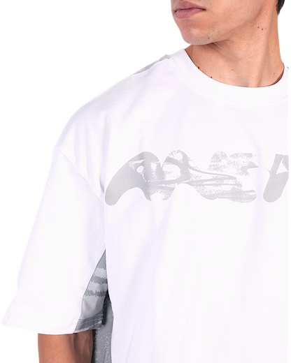 Anetos white split panel tee with grey graphic print and contrasting grey side panels.