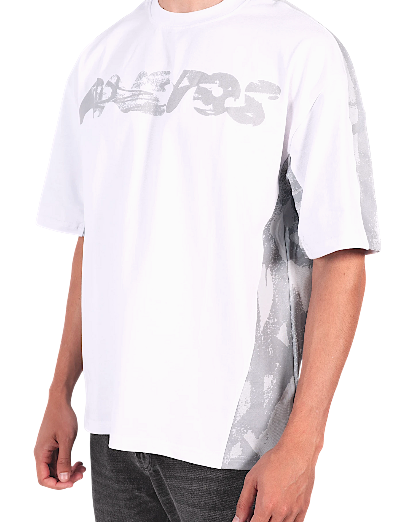 Anetos white split panel t-shirt with grey abstract print on the side and logo on the chest.