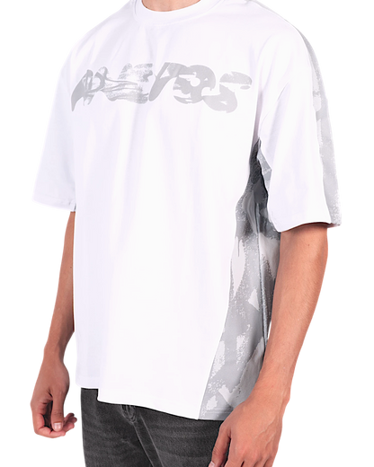 Anetos white split panel t-shirt with grey abstract print on the side and logo on the chest.