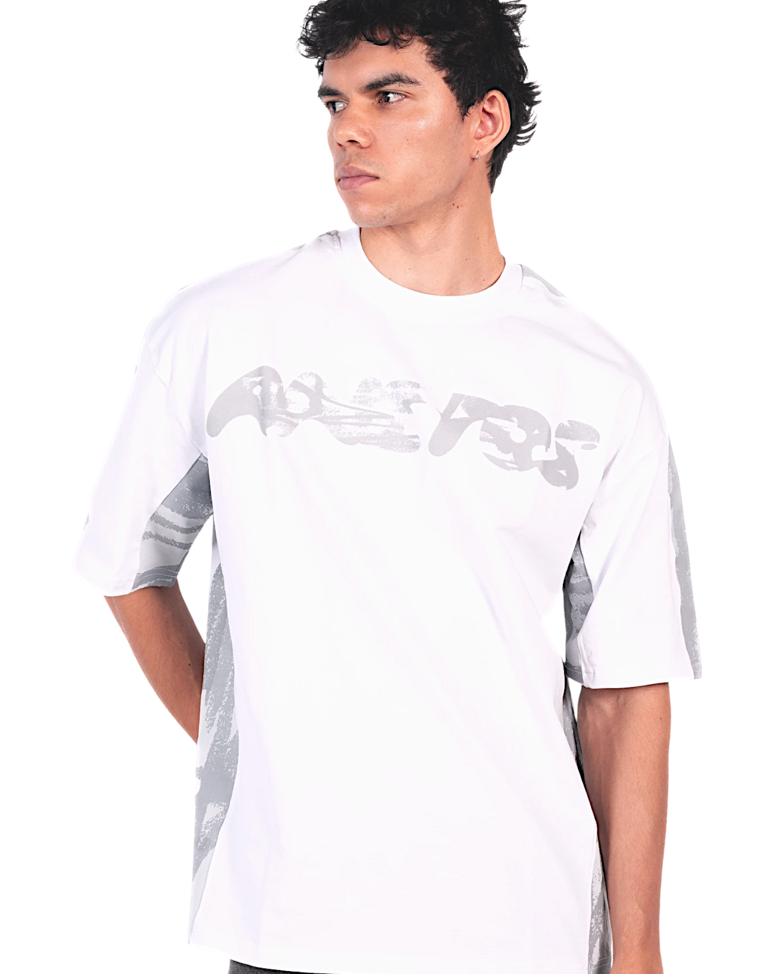 Anetos white split panel t-shirt with grey abstract graphic print on sleeves and chest logo.