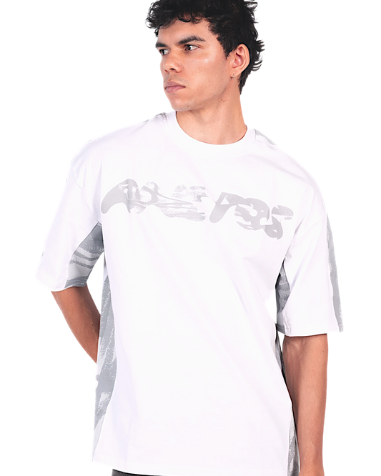 Anetos white split panel t-shirt with grey abstract graphic print on sleeves and chest logo.