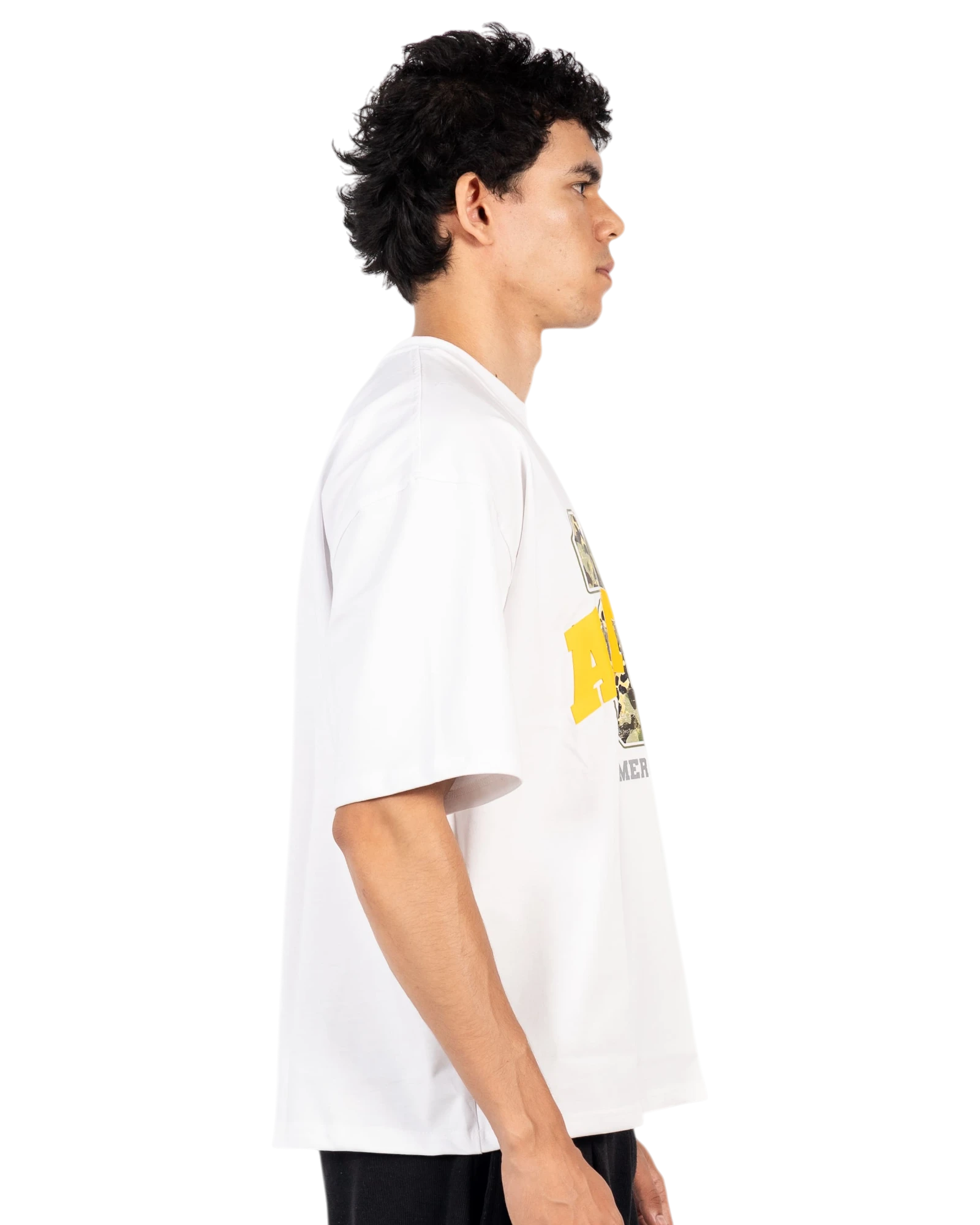 Anetos white cotton t-shirt with a yellow graphic print on the chest, short sleeves, and a relaxed fit.