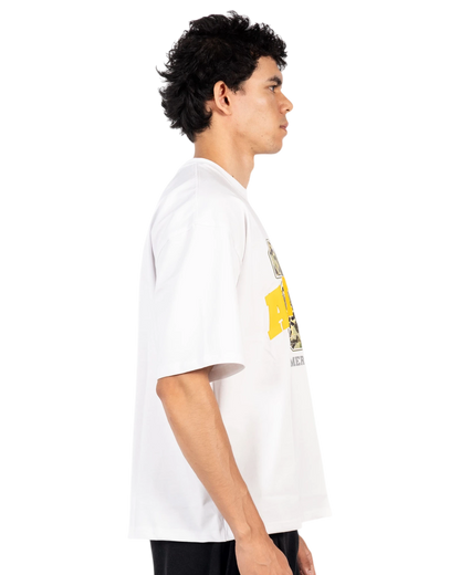Anetos white cotton t-shirt with a yellow graphic print on the chest, short sleeves, and a relaxed fit.
