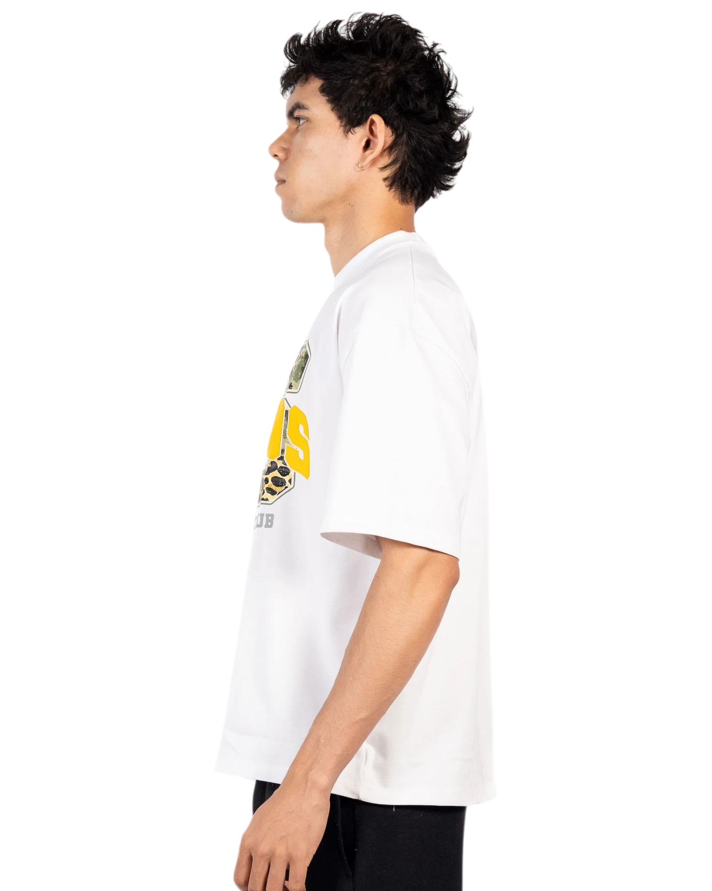 Anetos white cotton t-shirt with yellow and leopard print graphic on chest, short sleeves, crew neck.