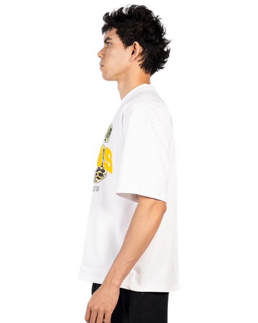 Anetos white cotton t-shirt with yellow and leopard print graphic on chest, short sleeves, crew neck.