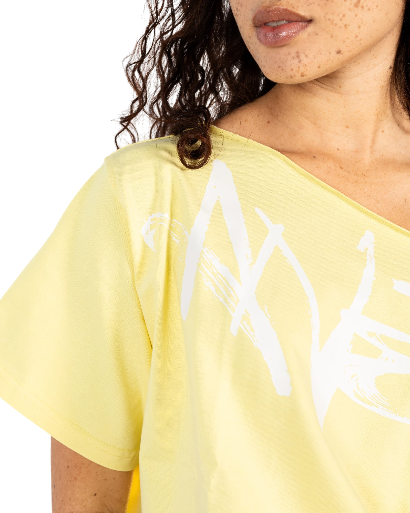 Anetos yellow 100% Egyptian cotton off-shoulder top with oversized fit and white signature graphic print.