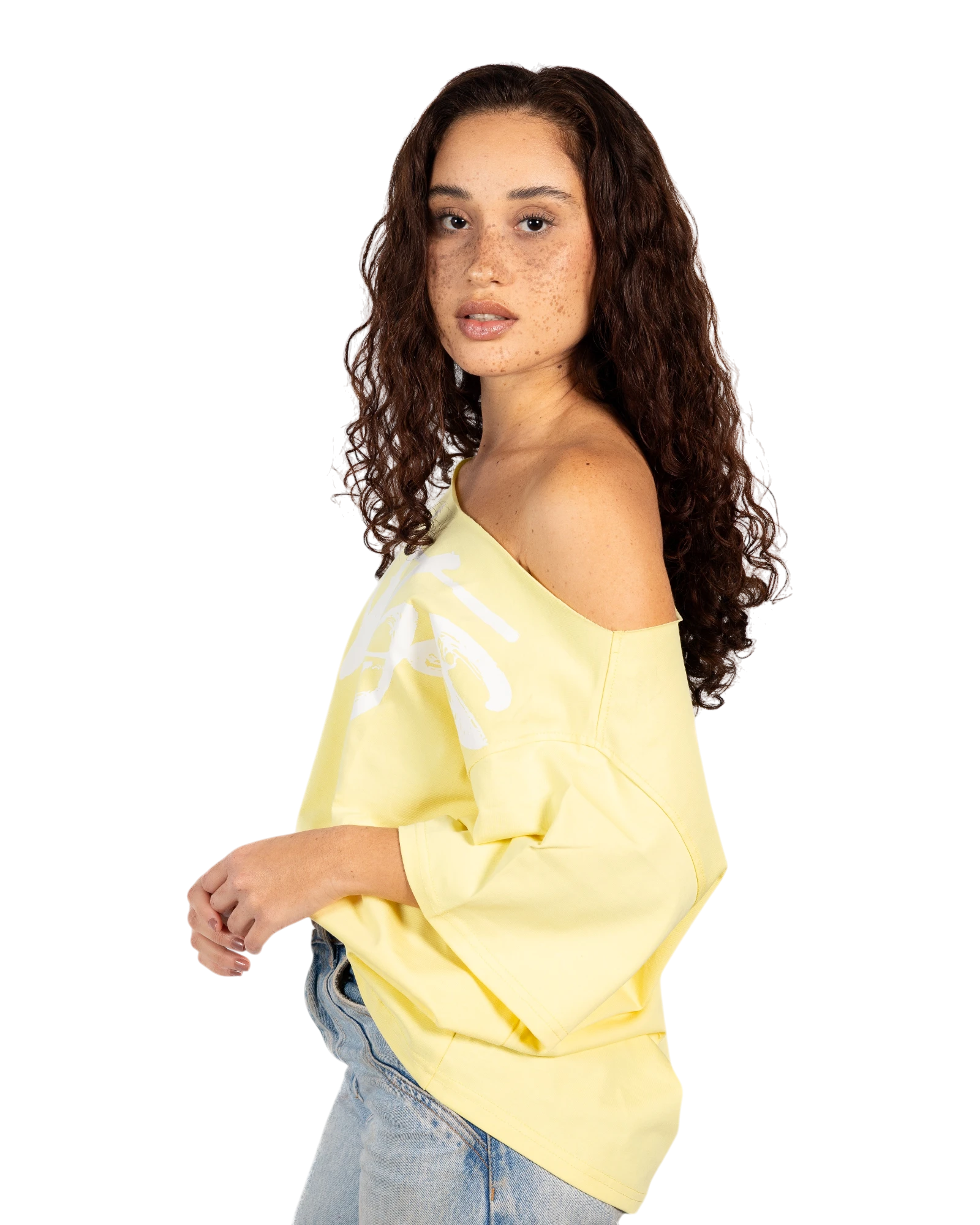 Anetos yellow 100% Egyptian cotton off-shoulder top with oversized fit and white graphic print.