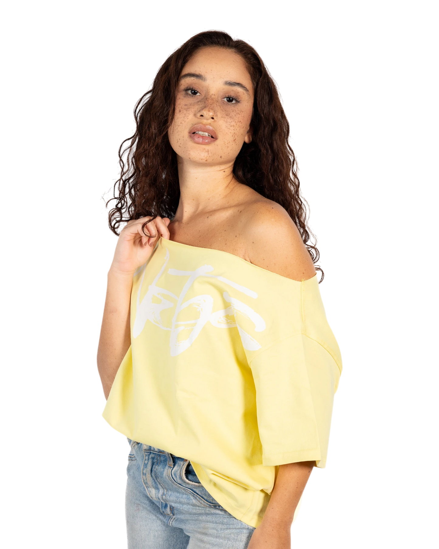Anetos yellow 100% Egyptian cotton off-shoulder top with oversized fit and white signature graphic.