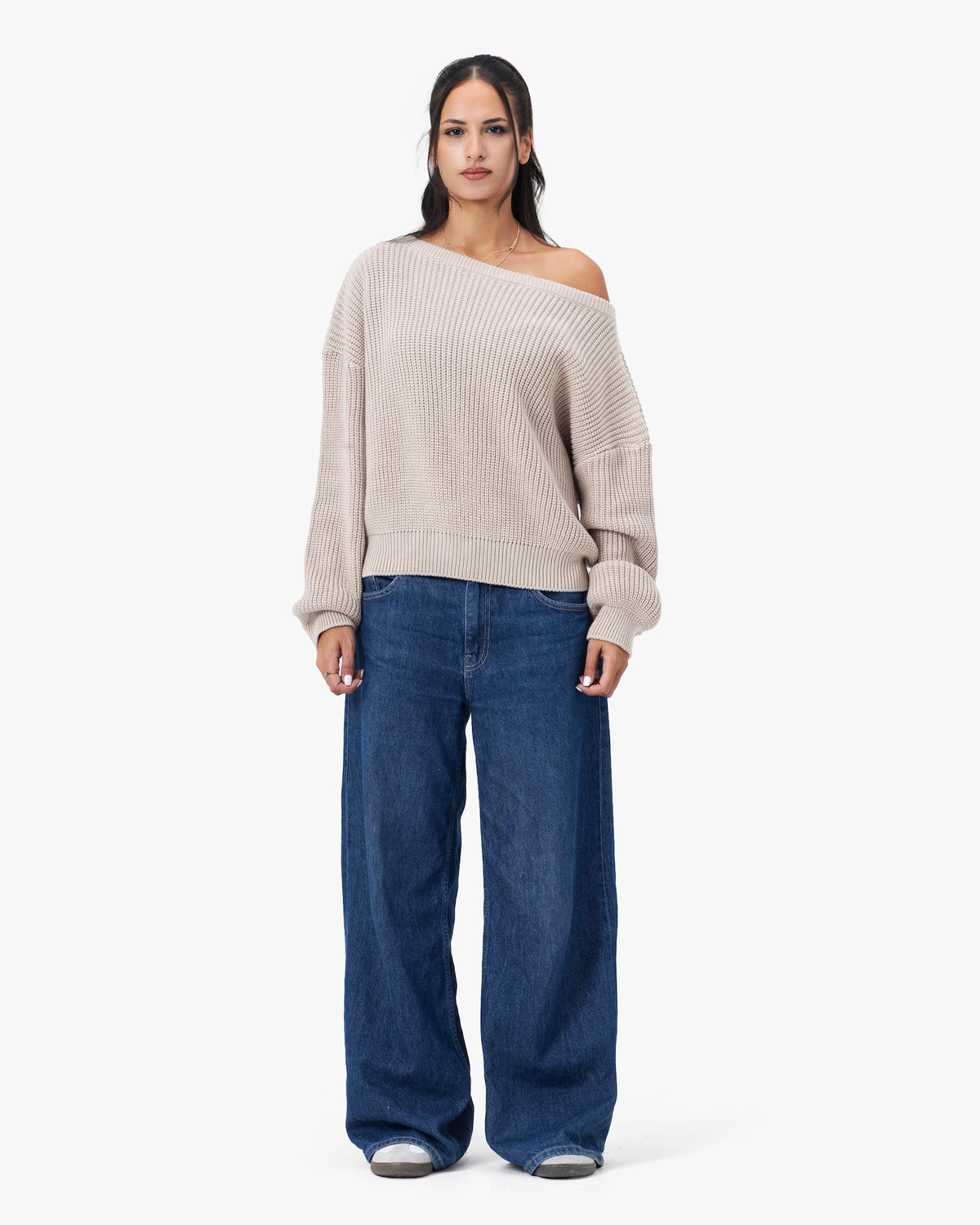Ribbed Off-Shoulder Knit — Beige Anetos