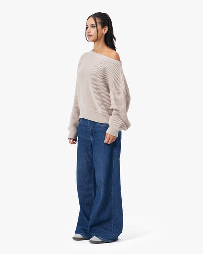 Ribbed Off-Shoulder Knit — Beige Anetos