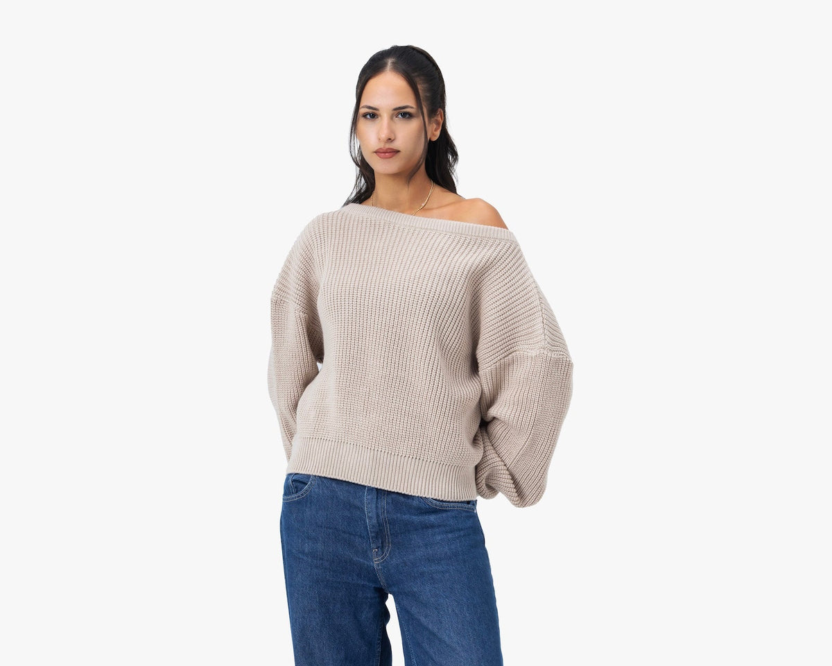 Ribbed Off-Shoulder Knit — Beige Anetos