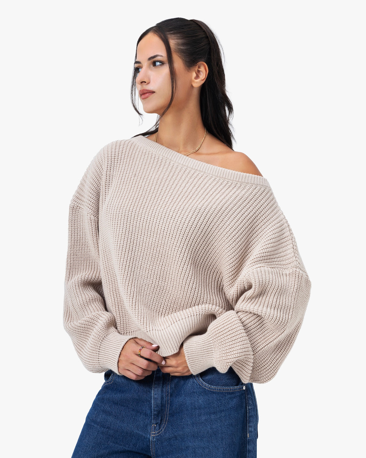 Ribbed Off-Shoulder Knit — Beige Anetos